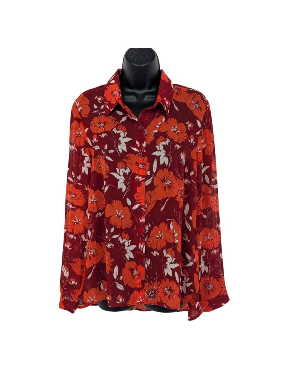 CAbi Floral Button Up Top Sheer Chiffon Long Sleeve Office Boho Coquette Medium